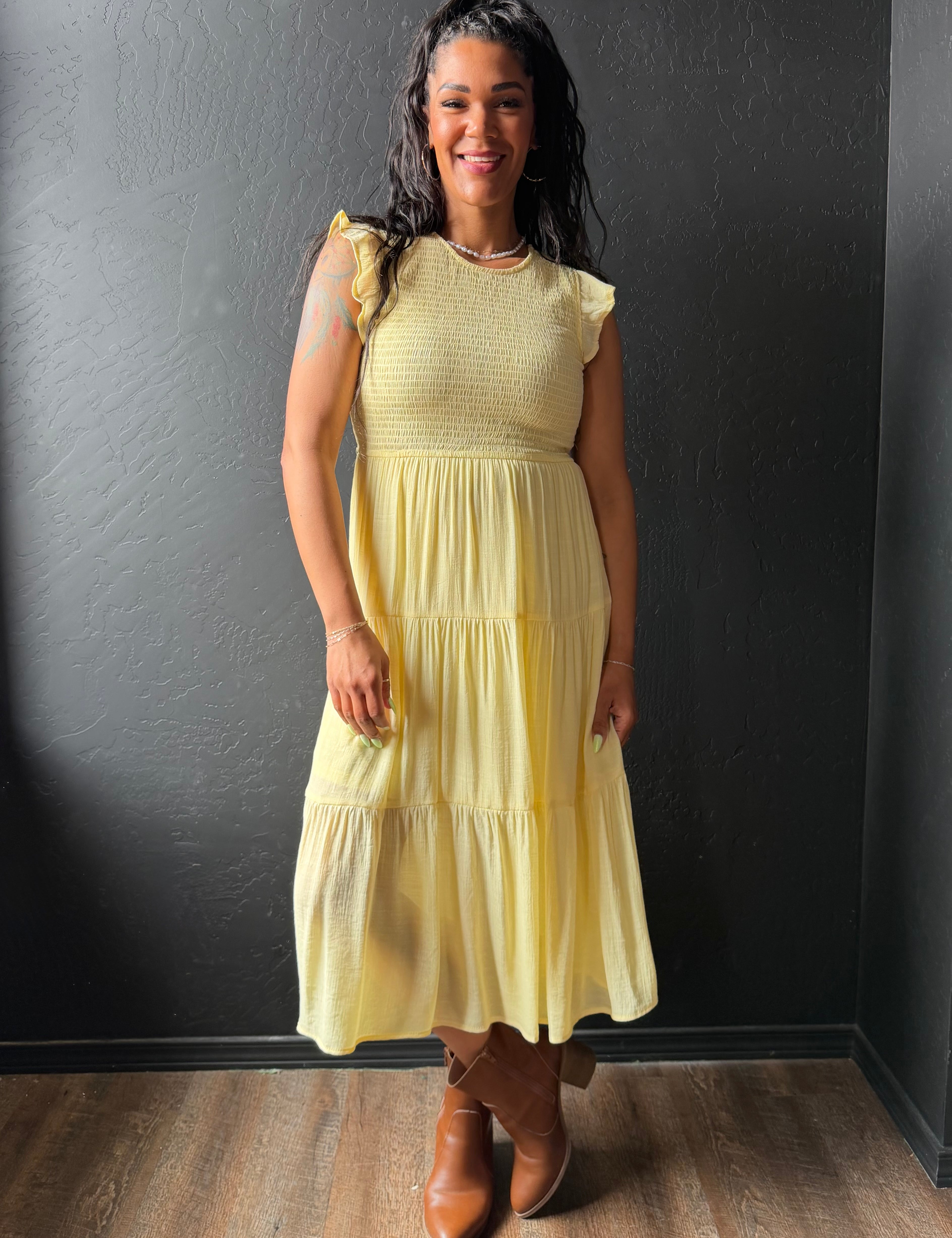 Carson Tiered Smocked Short Sleeve Midi Dress