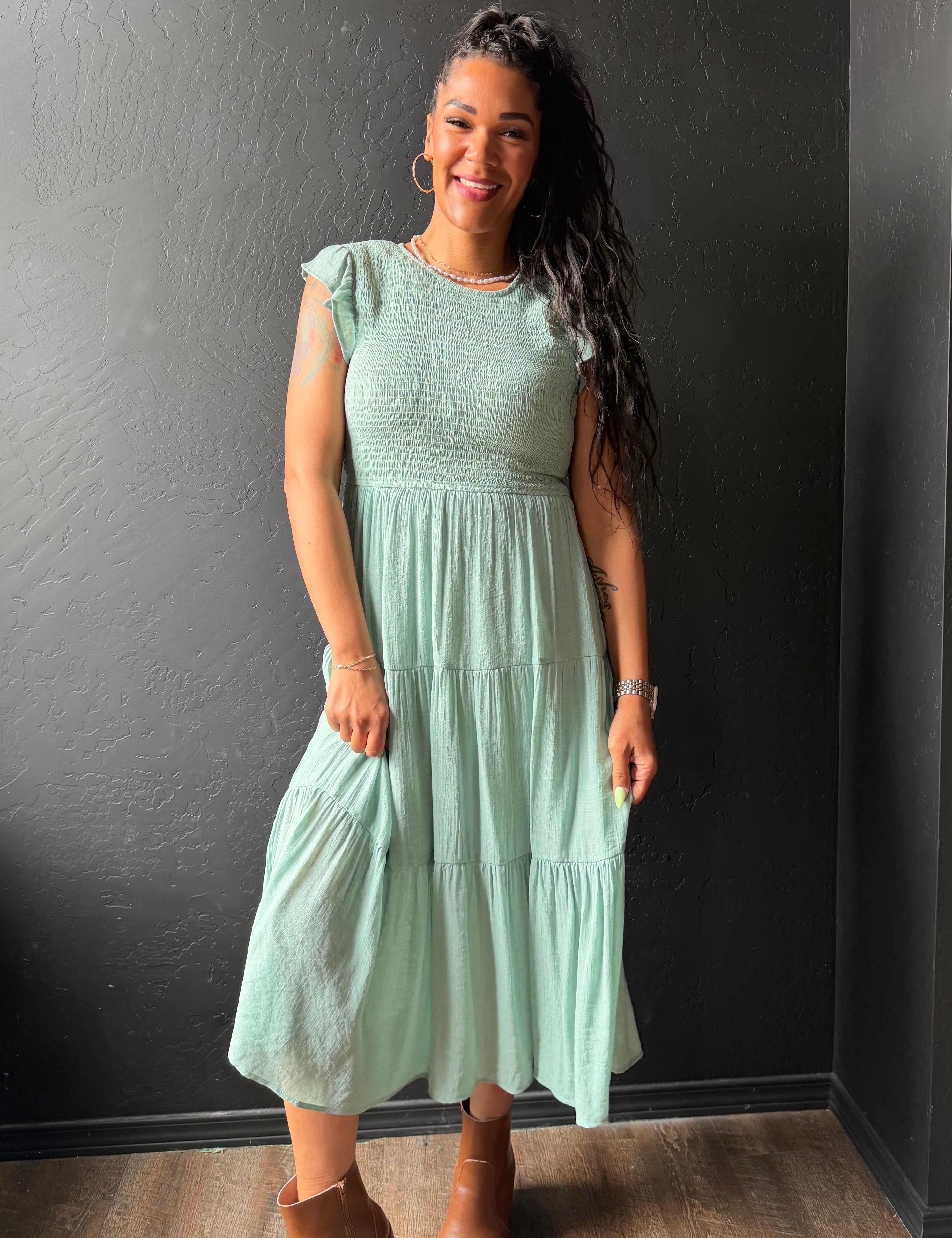 Carson Tiered Smocked Short Sleeve Midi Dress