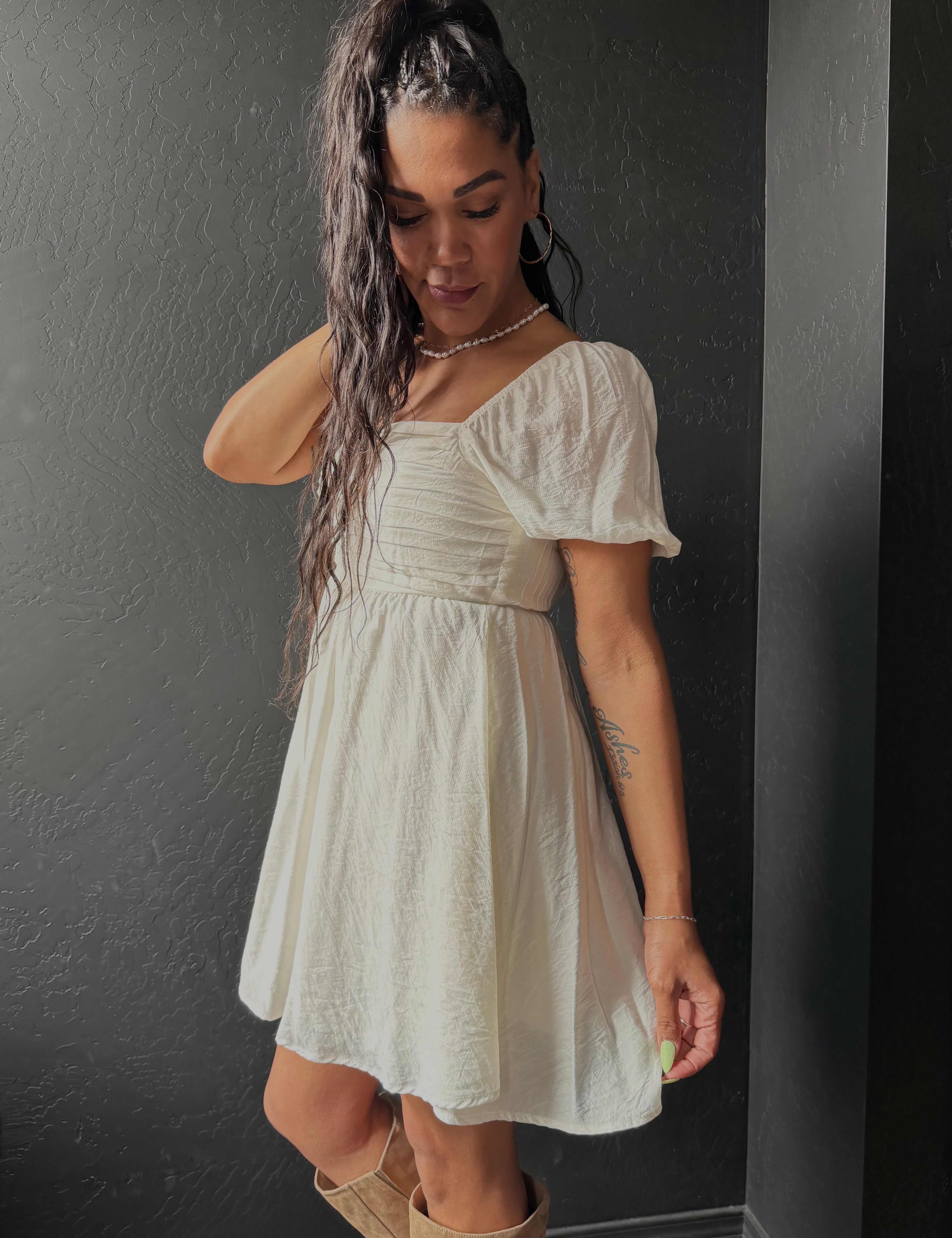 Conner Pleated Bodice Short Puff Sleeve Mini Dress