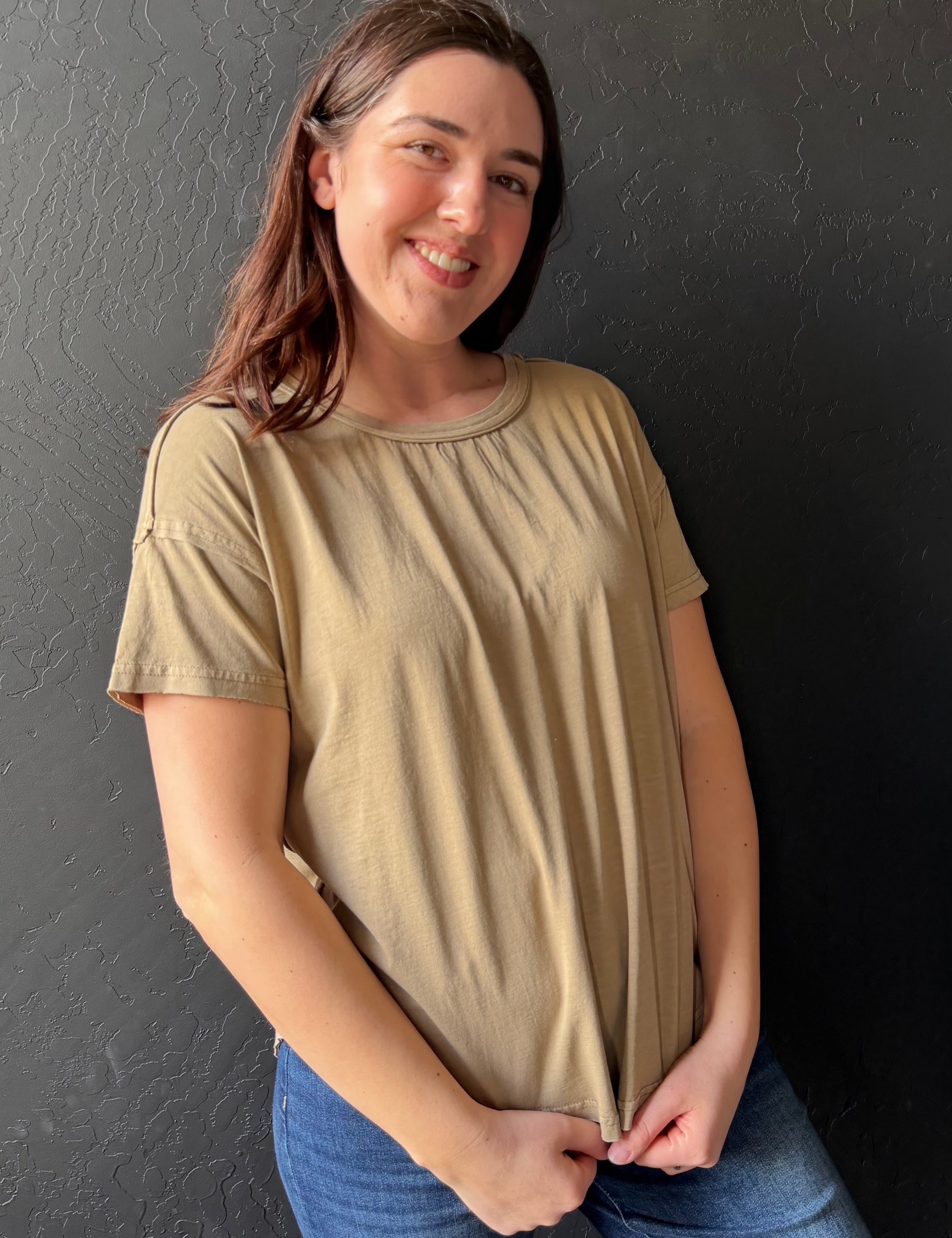 Cora Round Neck Short Sleeve Exposed Seam Knit Top