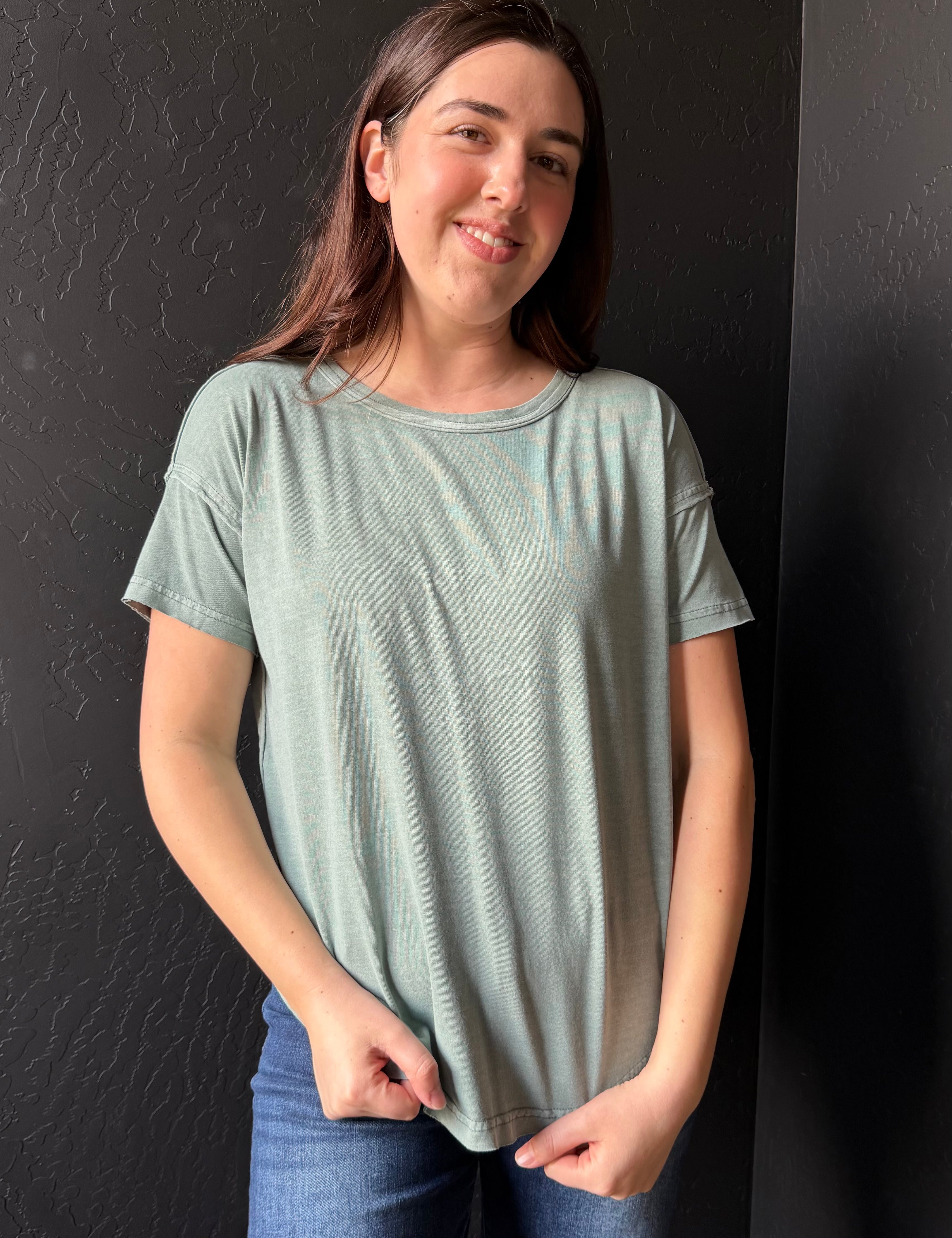 Cora Round Neck Short Sleeve Exposed Seam Knit Top