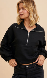 Asher Black Cotton Thermal Cropped Half Zip Pullover