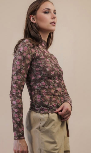 Percy Chocolate Floral High Neck Fitted Sheer Mesh Lace Knit Top