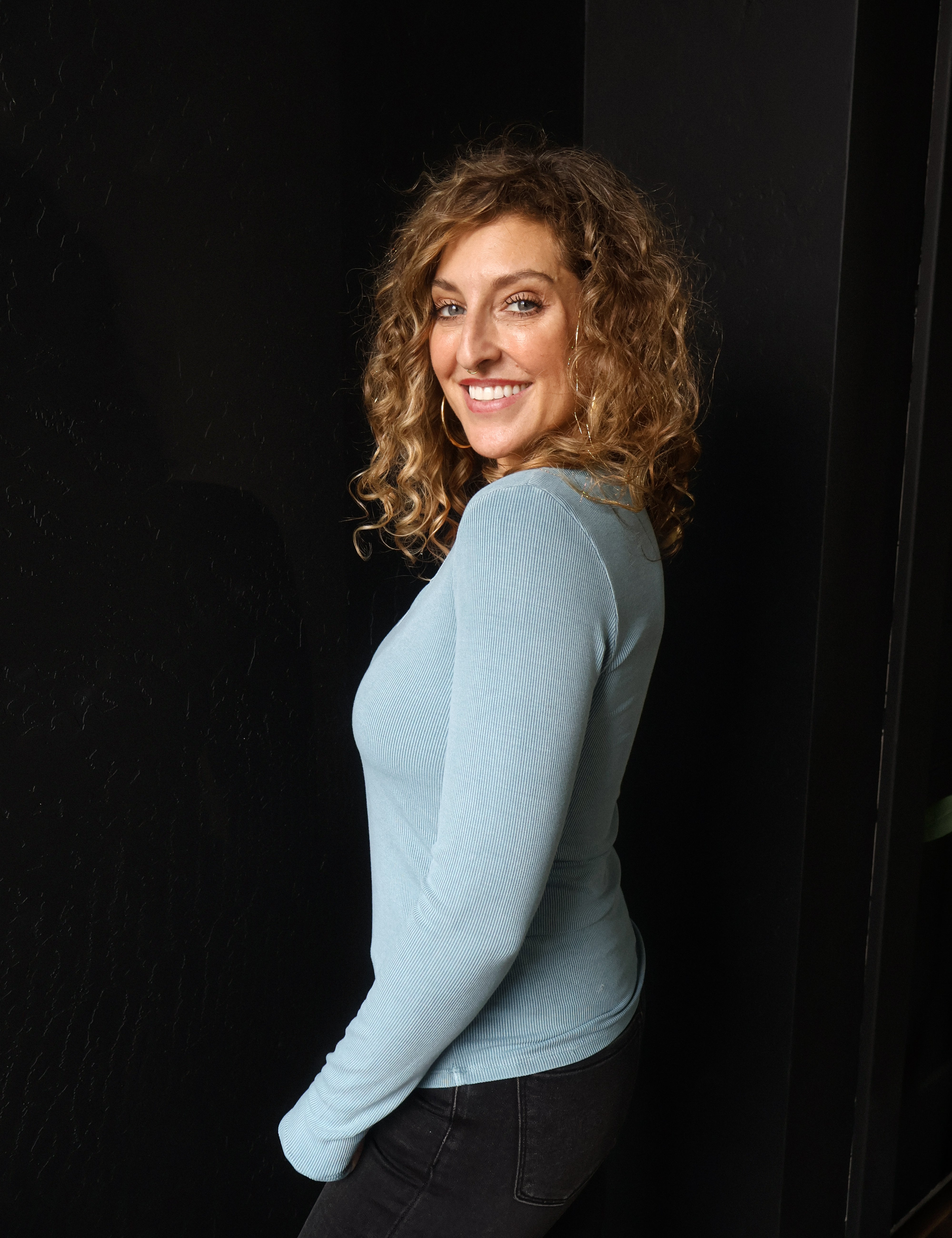 Nicole Teal Ribbed Notched Neck Longsleeve Basic Top