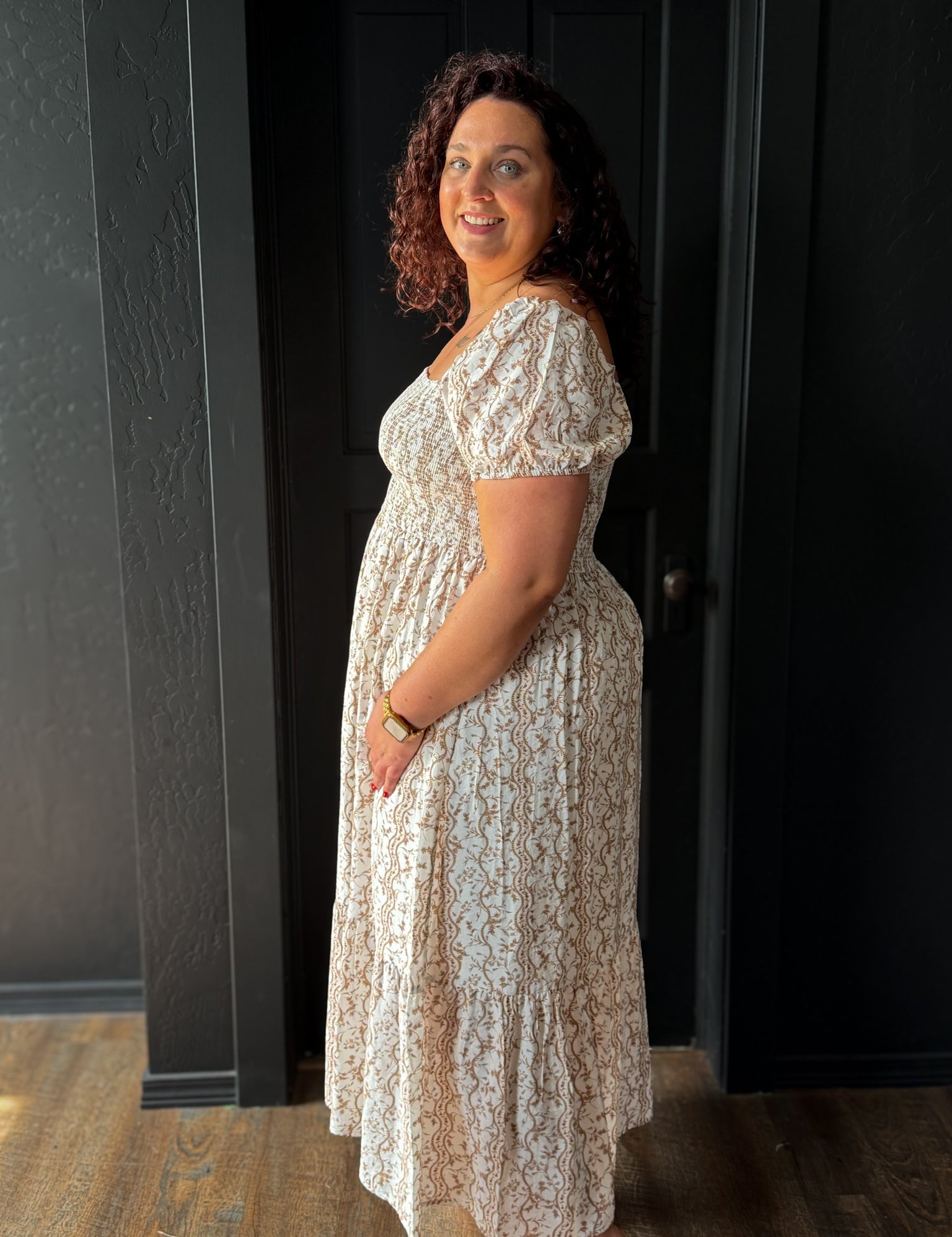 Callen Plus Size Wavy Floral Smocked Puff Sleeve Midi Dress