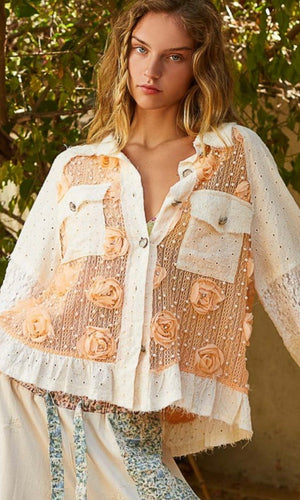 Daleyza Apricot Long Balloon Sleeve Flower Detail Button Front Top