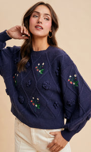 Luisa Navy 3D Embroidered Cable Pullover