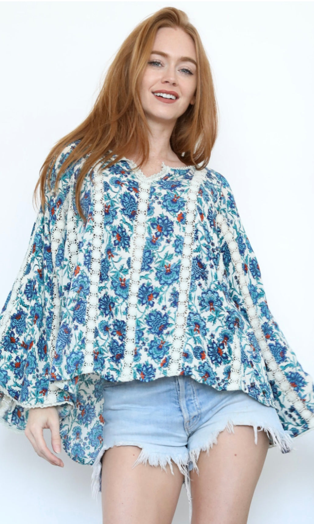 Cypress Blue V Neck Lace Insets Flare Bell Sleeve Blouse