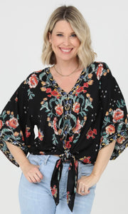 Celsa Black Floral Wide Sleeve Tie Waist V Neck Blouse