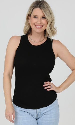 Corliss Black Rib Knit Rounded Hem Tank Top