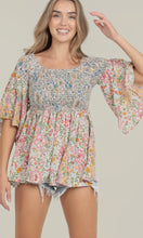 Alizabeth Pink Floral Half Bell Sleeve Smocked Bodice Flowy Top