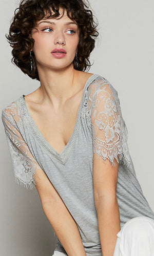 Alexandra Heather Grey Lace Sleeve V Neck T-Shirt