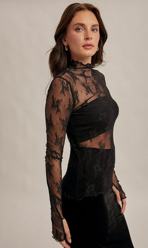Megan Black Mock Neck Lace Long Sleeve