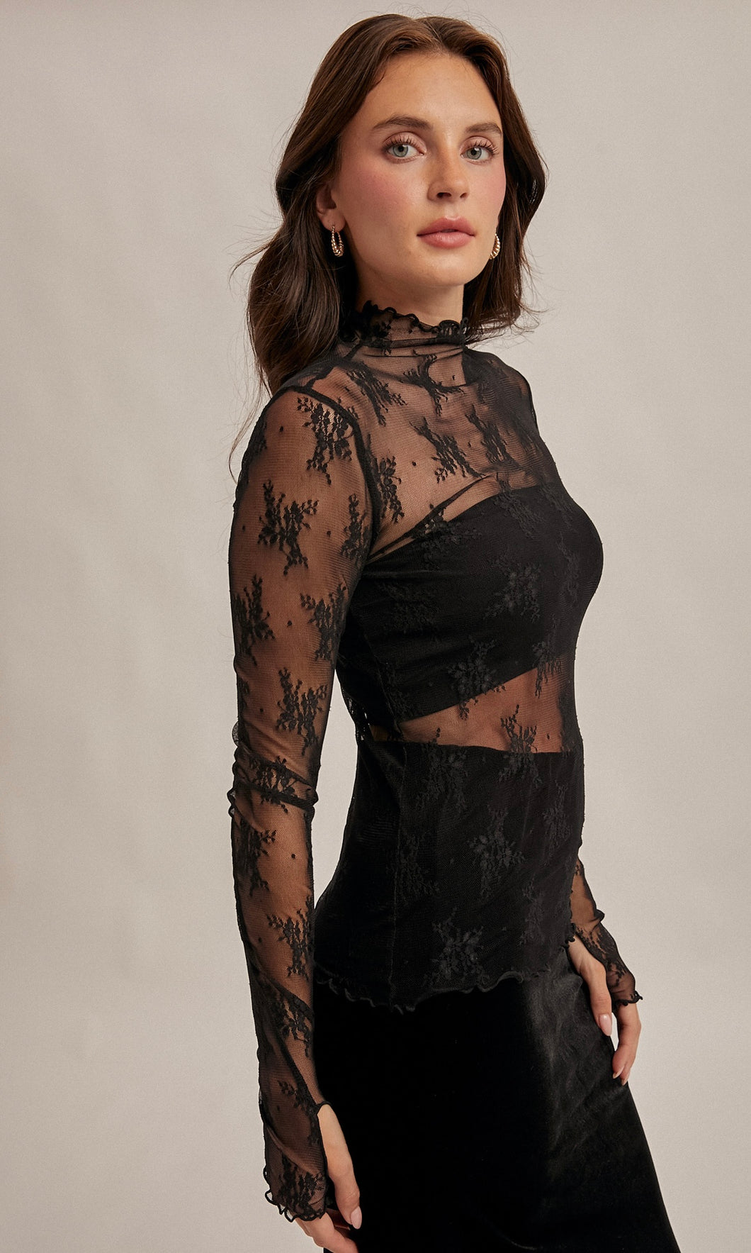 Megan Black Mock Neck Lace Long Sleeve
