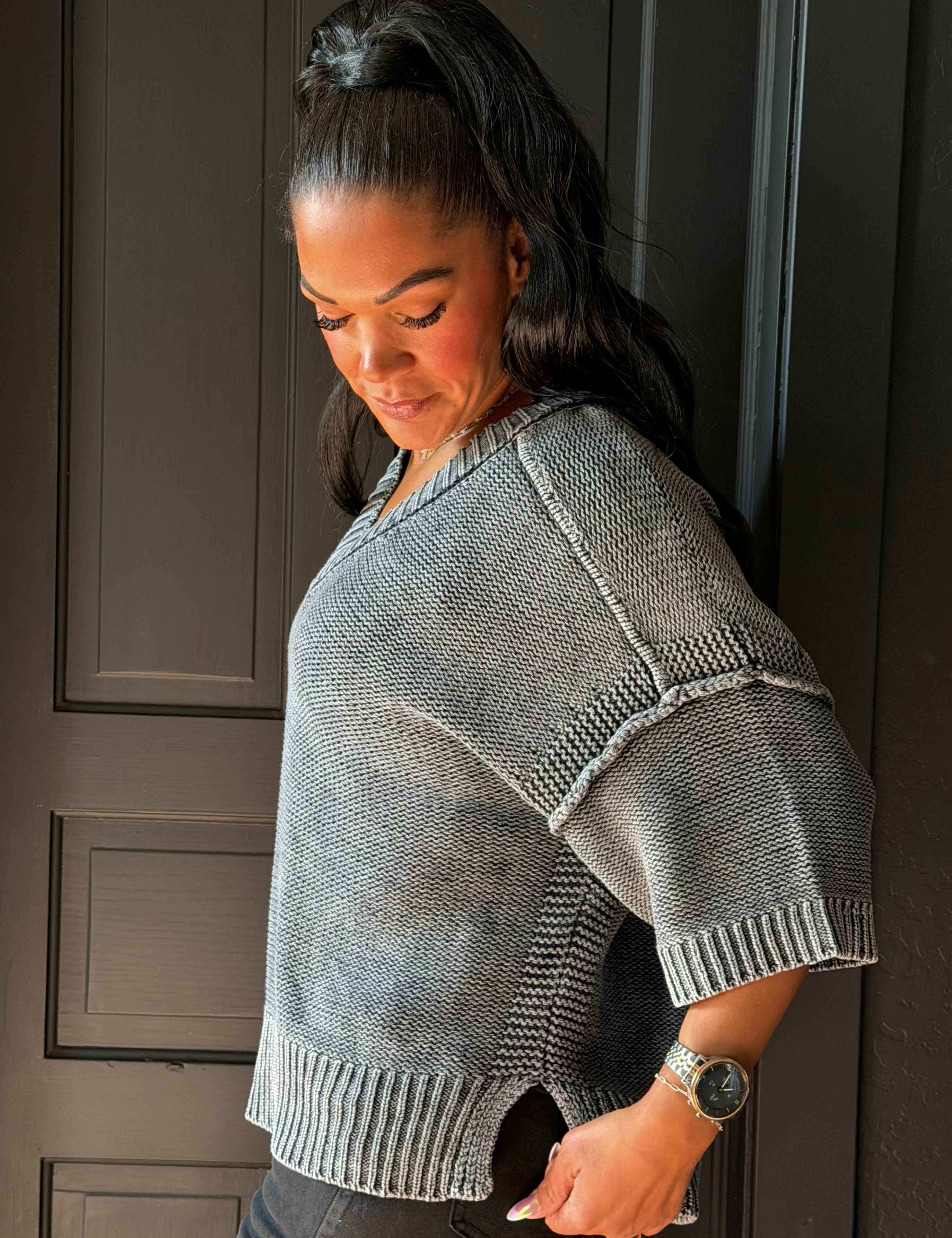 Iris Charcoal Vintage V-Neck Sweater