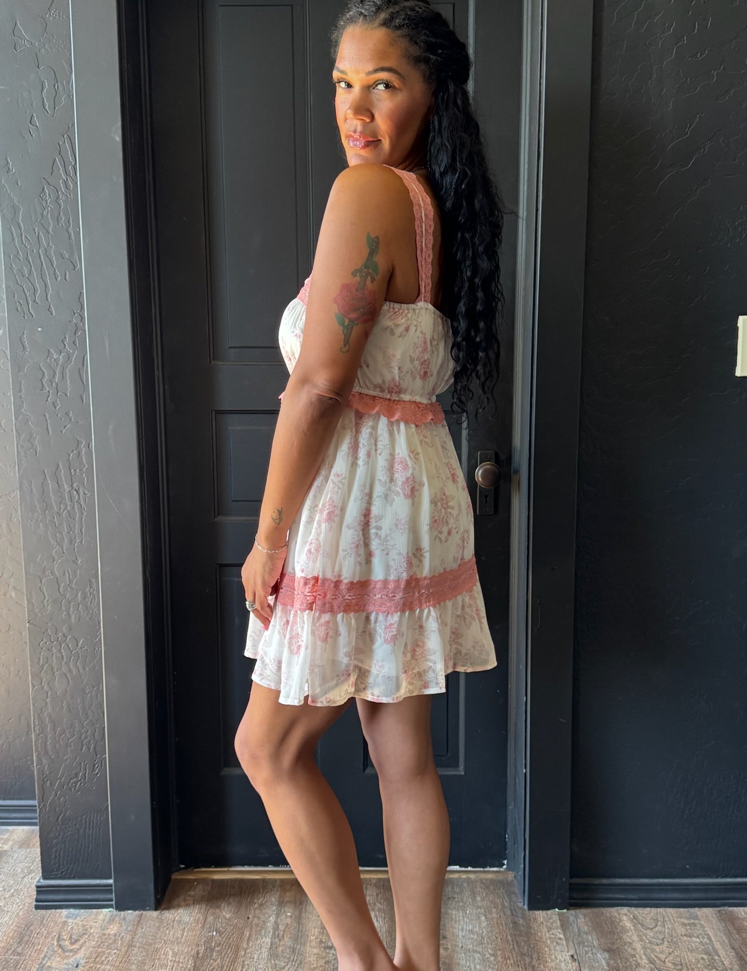 Lydia Floral Print Lace Detail Mini Dress