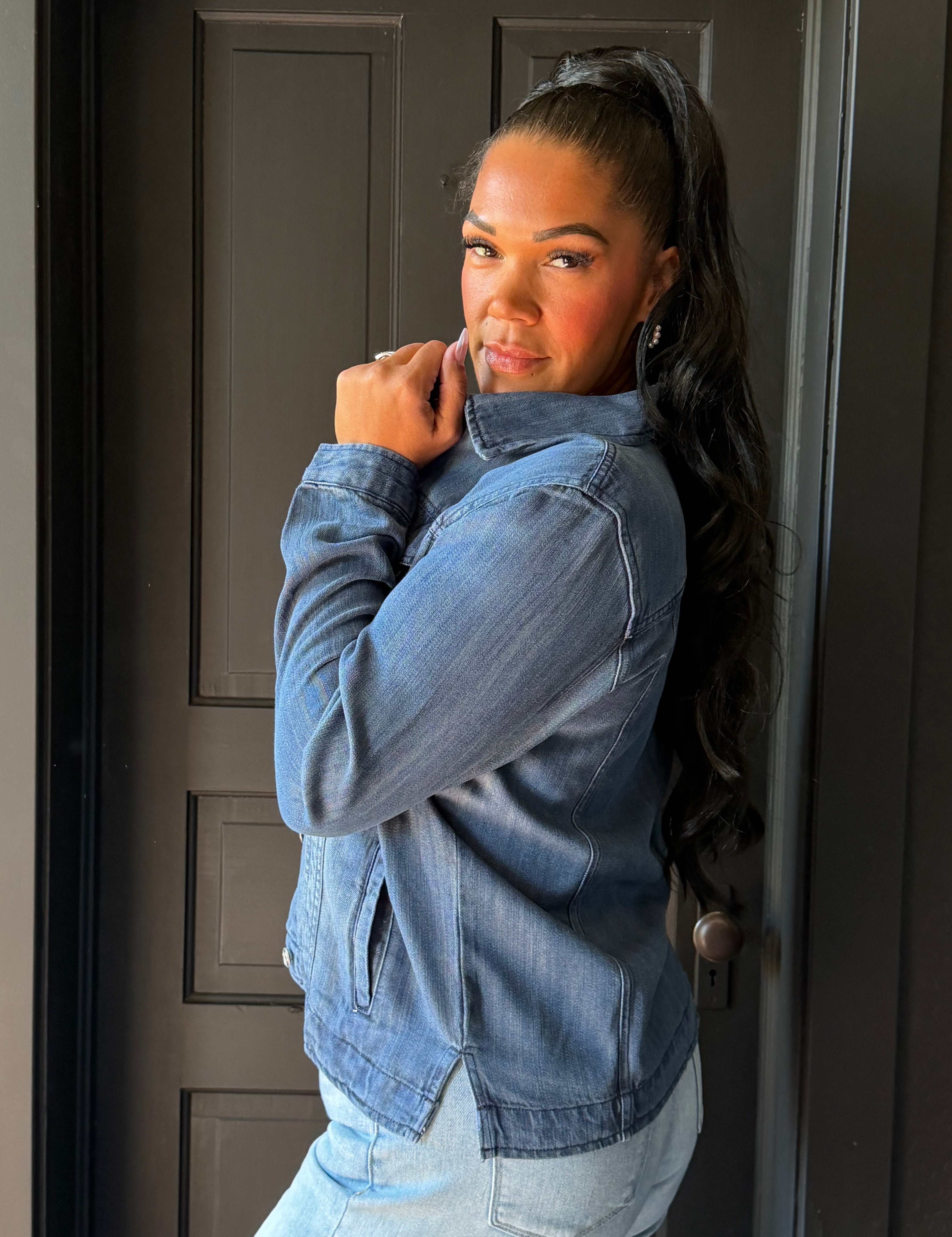 Nola Dark Denim Washed Light Button Up Jacket
