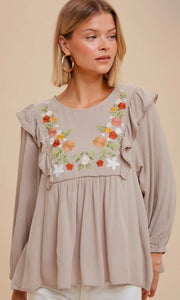 Dorian Taupe Foral Embroidered Ruffle Shoulder Blouse