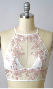 Allure - White Embroidered Flower Sheer High Neck Brami Bralette Top