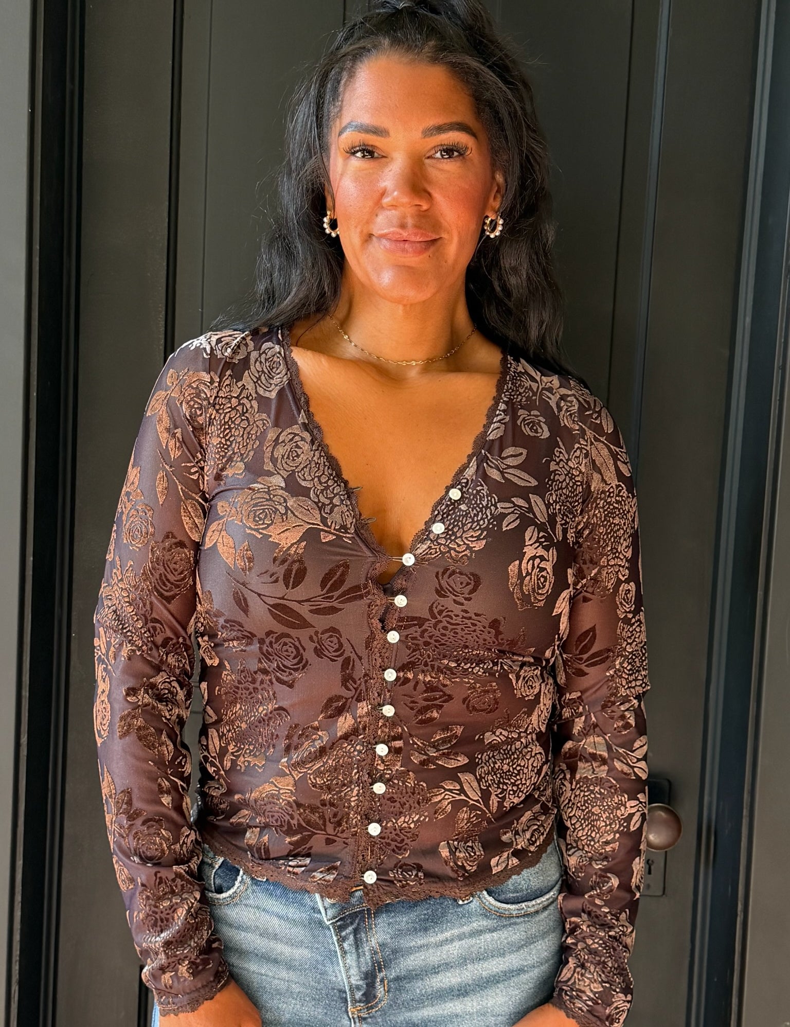 Lola Velvet Burnout Lace Button Down