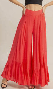 Denzel Coral Red High-Waist Ruffle Flared Wide Leg Pants