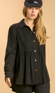 Abilene Black Button Tiered Blouse Shirt Top