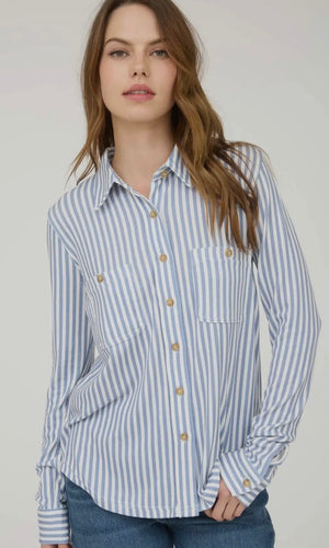 Natalia Blue Stripe Collared Long Sleeve Button Down Shirt