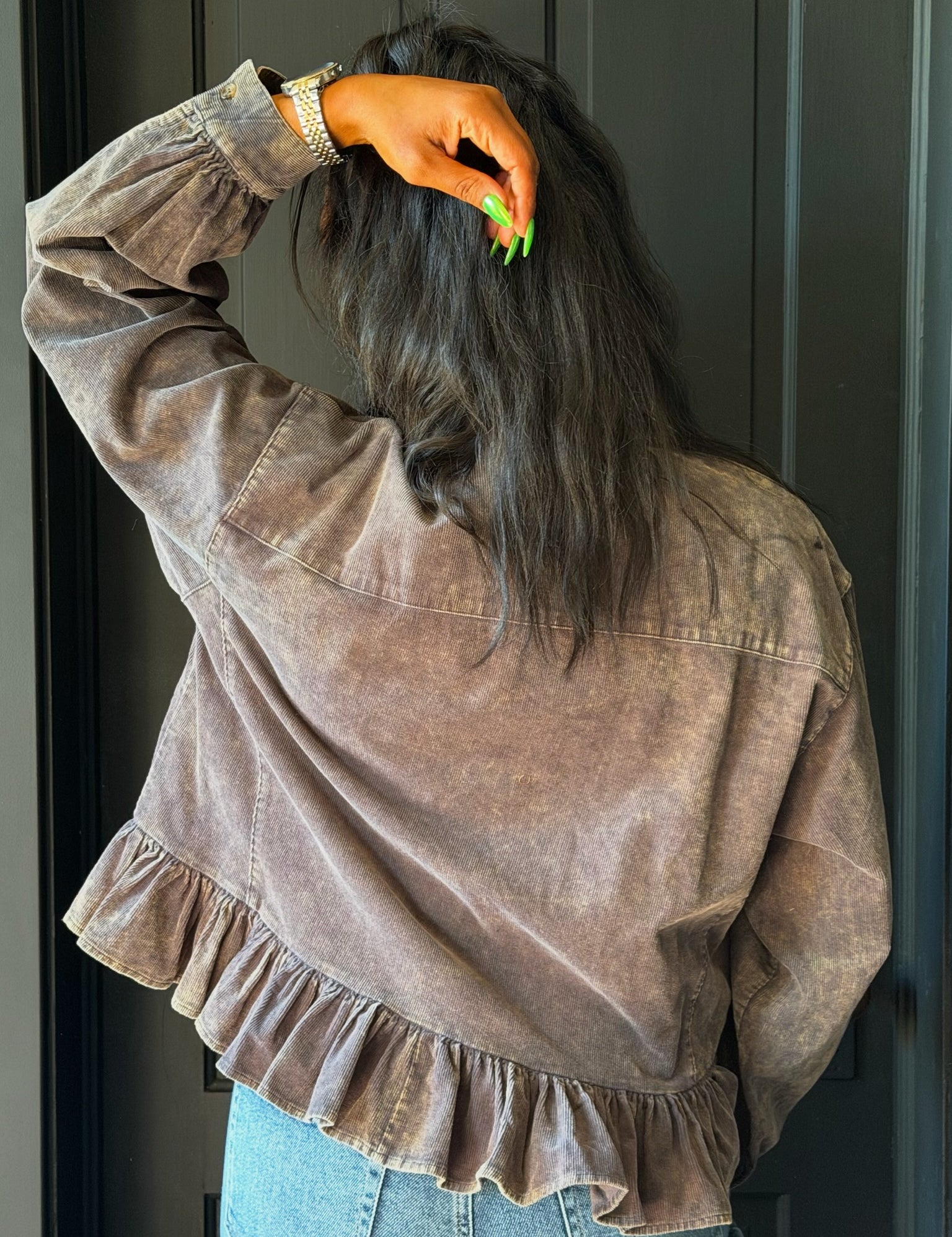 Briana Washed Corduroy Ruffle Button Shirt