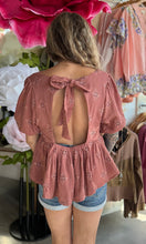 Nora Desert Rose Tie Back Embroidered Bubble Sleeve Peplum Top