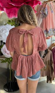 Nora Desert Rose Tie Back Embroidered Bubble Sleeve Peplum Top