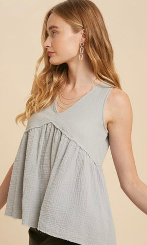 Dorothy Chambray Sleeveless Cotton Gauze Babydoll Blouse