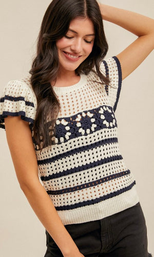 Eva Crochet Pattern Striped Ruffle Knit Top