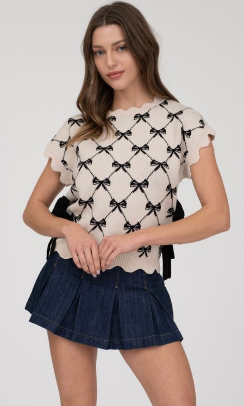 Enola Cream  Bow Pattern Short Sleeve Side Tie Knot