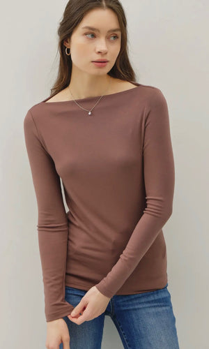 Lucy Brown Basic Boat Neck Long Sleeve Knit Top