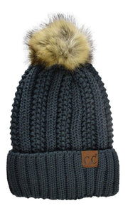 CC Beanie Thick Ribbed Knit Faux-Fur Pom Pom Lined Beanie