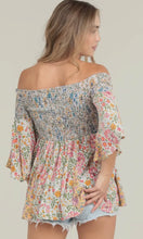 Alizabeth Pink Floral Half Bell Sleeve Smocked Bodice Flowy Top