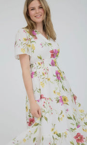 Lillie Ivory Floral Short Sleeve Tiered Midi Dress