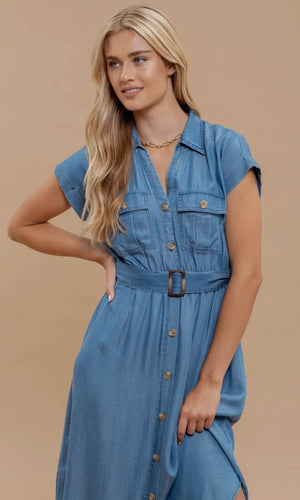 Giselle Chambray Collared Button Down Belted Midi Dress