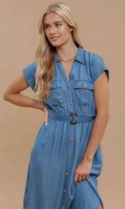 Giselle Chambray Collared Button Down Belted Midi Dress
