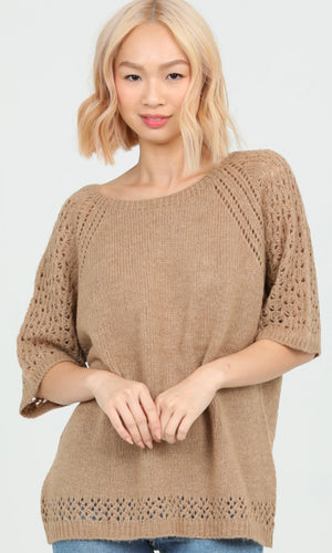 Cara Camel Open Knit Short Sleeve Pullover Sweater