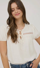 Heini Cream Eyelet Lace Trim Double Front Tie Puff Sleeve Top