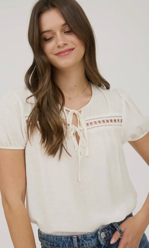 Heini Cream Eyelet Lace Trim Double Front Tie Puff Sleeve Top