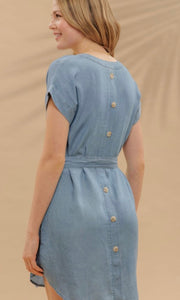 Gover Belted Chambray Cuff Sleeve Mini Shirt Dress