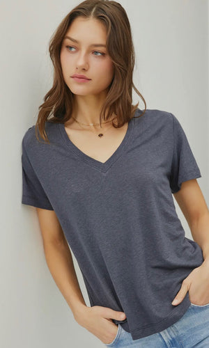 Liam Charcoal Loose Fit Basic V-Neck Short Sleeve T-Shirt