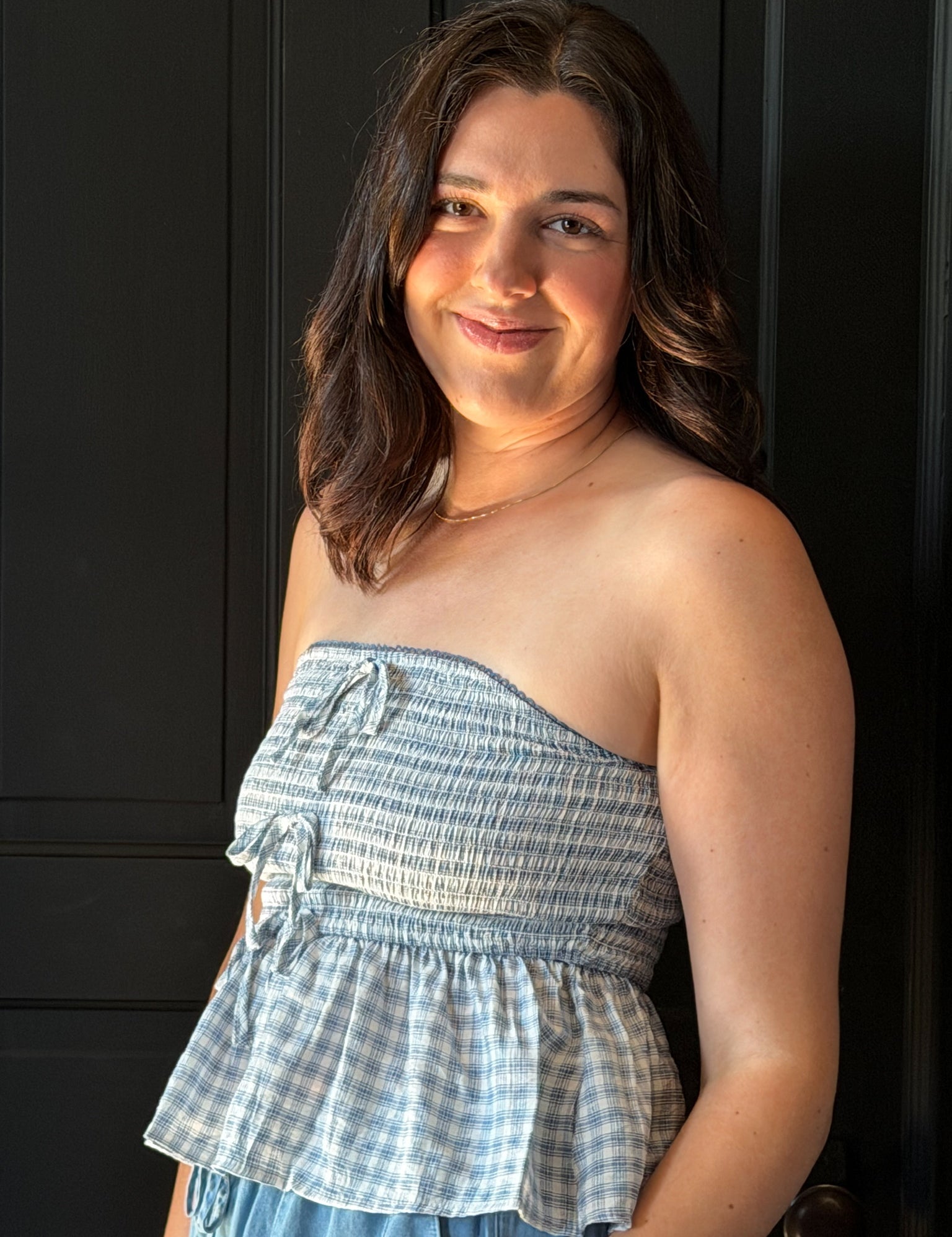 Inaya Plaid Strapless Front Tie Ruffle Hem Top