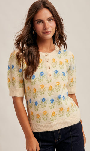 Monique Floral Motif Short Sleeve Sweater Top