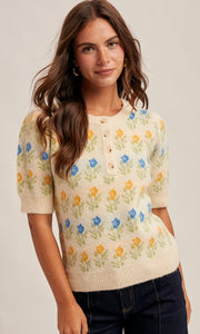 Monique Floral Motif Short Sleeve Sweater Top