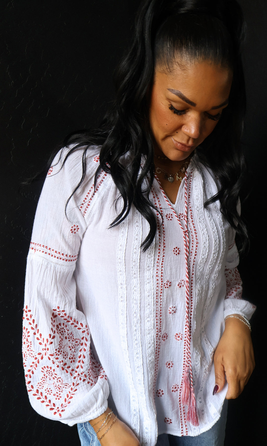 Oscar Cotton Blouse with Red Embroidery and Lace