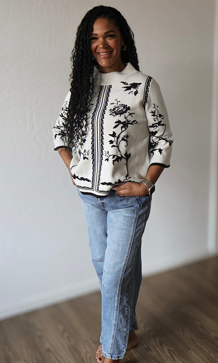 Honey Contrast Border Pattern Jacquard Knit Mock Neck Sweater