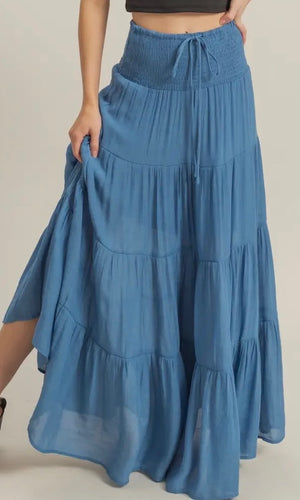 Diego D. Blue Smocked Waist Tiered Maxi Skirt